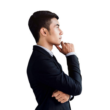 Side view Portrait of a confident handsome asian businessman, hand on chin and thinking or looking for success in life and work, Isolated on white background