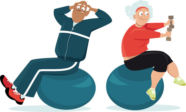Active senior couple working out on exercise balls, EPS 8 vector illustration