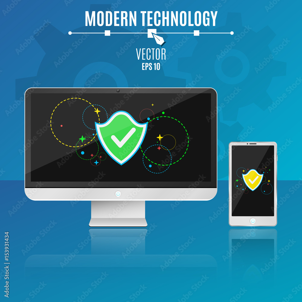 Poster modern computer and phone on a blue background. system security. shield with multi-colored symbols o