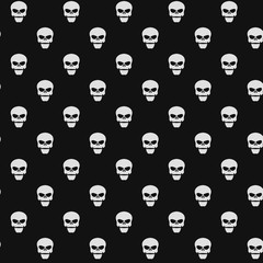 Abstract pattern. White skulls on a black background. Death in the dark. Vector illustration in a flat style