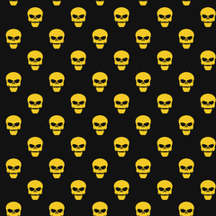 Abstract pattern. Yellow skulls on a black background. Death in the dark. Vector illustration in a flat style