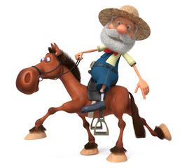 3d illustration an elderly farmer riding a horse