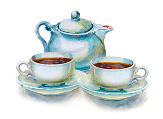 Teacup and tea pot with roses flowers .Floral tea. Watercolor illustration