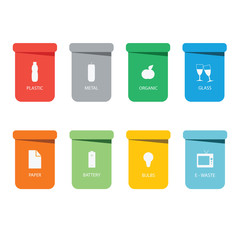 Different colored recycle waste bins vector illustration.Colored waste bins with trash.