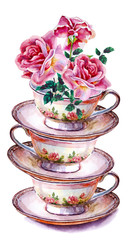 Party colorful tea cups and saucers with flower rose closeup. Sketch handmade. Postcard for Valentine's Day. Watercolor illustration.