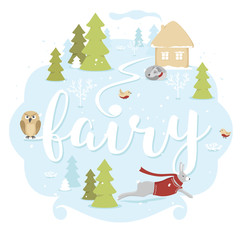 Fairytale winter landscape with animals on blue background