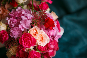Beauty bouquet on celebration closeup. Delicate, exquisite flowers. Natural light