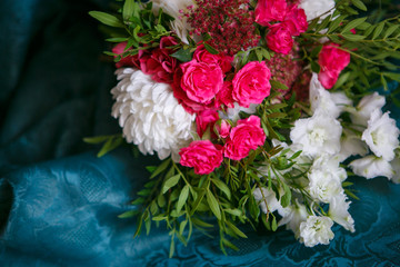 Beauty bouquet on celebration closeup. Delicate, exquisite flowers. Natural light