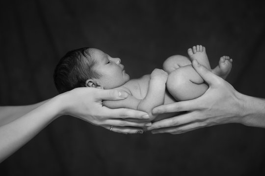 Little infant baby boy sleeping laying on mothers and fathers arms. Neutral black background, black and white picture. All naked. Happy family