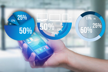 Blue survey graph interface with business theme going out a smartphone - Technology concept