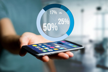 Blue survey graph interface with business theme going out a smartphone - Technology concept