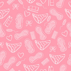 Female hygiene items. Seamless pattern with pads, panties, tampons, tablets, bow,  toothpaste and hearts.