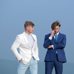 partnership and team work, group, people speaking on blue sky