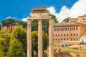     Ruins and columns of temple of Castor and Pollux in Roman Forum (Forum Romanum), Italy 