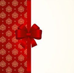 Gift  Card with Shiny Red Satin Gift Bow Close up, has space for text on  background. Gift Voucher Template.  Vector image.