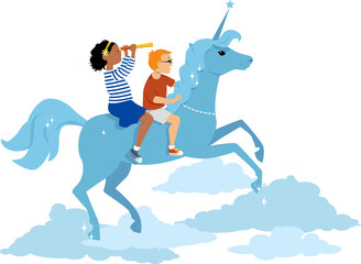 Girl and boy riding a unicorn in the sky, EPS 8 vector illustration, no transparencies