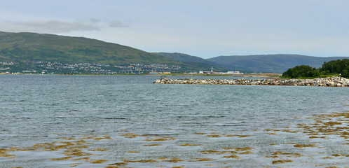 View of sea, island and airport. Tromso, Norway