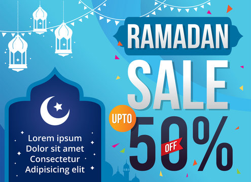 Vector Illustration Ramadan Sale. Banner, Discount, label, Sale, Greeting card, of Ramadan Kareem and Eid Mubarak celebration.