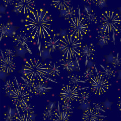 Starry Firework Seamless Pattern on Blue Background