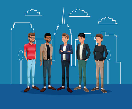 gropu men people with city landscape vector illustration