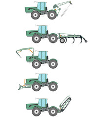 A set of attachments for tractors in construction and agriculture on a white background. Vector illustration