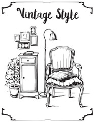 Vector illustration of vintage interior with sofa, lamp and pictures. Black line silhouette.