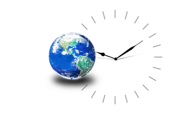 world time concept, clock and earth on white background, Elements of this image furnished by NASA
