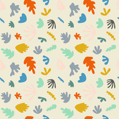 Modern vector seamless pattern with abstract organic shapes. Stylized leaves and flowers like shapes in pastel colors on beige background.