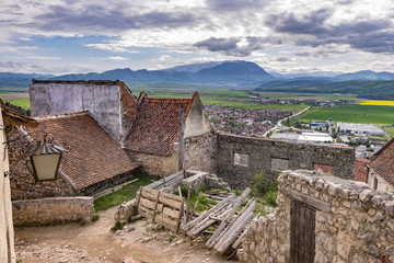 Spring view in the Rasnov citadel, in Brasov county (Romania), with Piatra Craiului mountains in the background