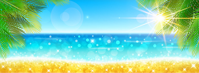 Paradise beach background with golden sand and palm leaves.