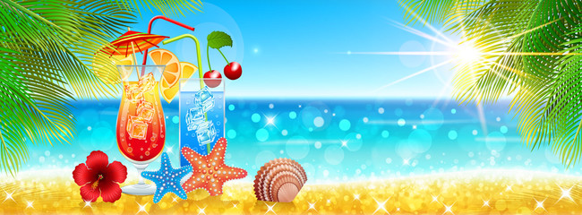 Naklejka na ściany i meble Paradise beach background with cocktails and seashells.