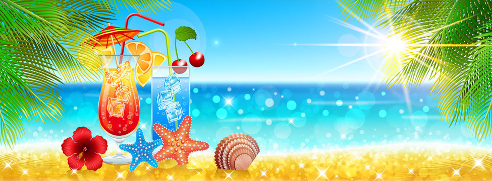 Paradise beach background with cocktails and seashells.
