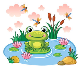 Obraz premium Żaba siedzi na liściu w stawie. Ilustracja wektorowa w stylu dla dzieci. Jezioro z owadami i zwierzętami.