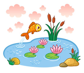 The fish jumps into the pond. Vector illustration with lake and fish.