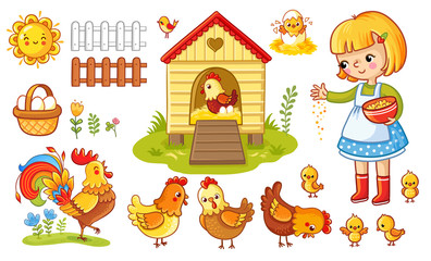 Farm chicken scene. Vector set with chicken and girl. The child feeds the hens and chickens. Children's cartoon style.