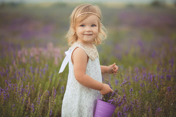 Pretty cute little girl is wearing white dress in a lavender field holding a basket full of purple flowers - Powered by Adobe
