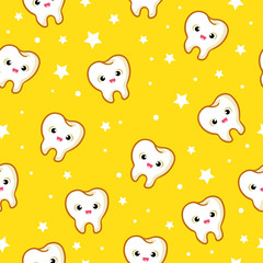 Vector seamless pattern with teeth on a yellow background. Funny pattern in the children s theme.