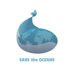 World ocean day icon. Typography poster concept June 8. Hand drawn cartoon style. Whale cachalote and blue globe sign. Save the oceans emblem. Maritime nautical symbol. Vector illustration background