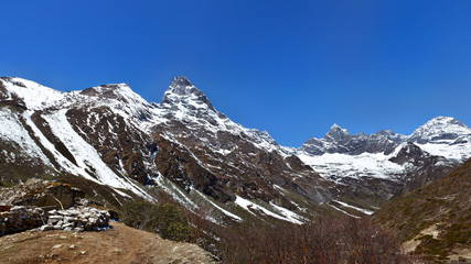 Panoramic view of the Himalayas on the way to Gokyo lakes, Nepal. Everest basecamp trek.