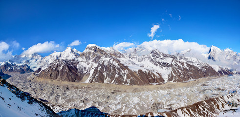 Panoramic view of the Himalayan range and glacier from top of Mt. Gokyo Ri.