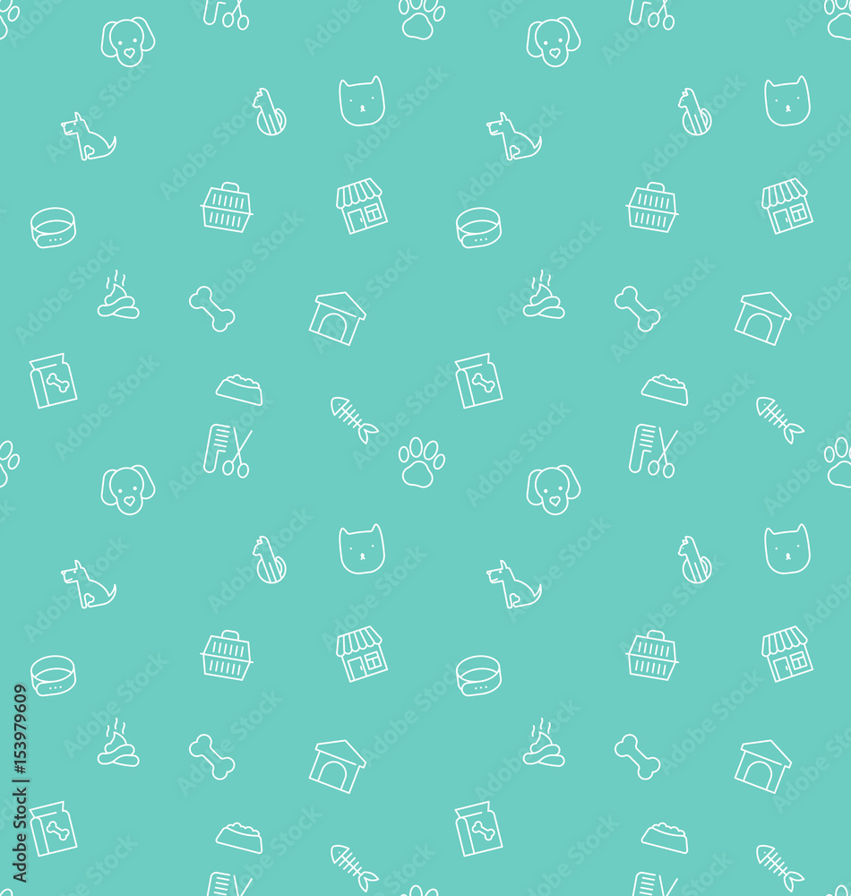 Poster seamless pattern and background with thin line icons related to pets and animals for pet shop websit
