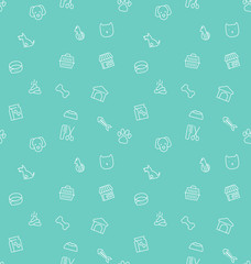 Seamless pattern and background with thin line icons related to pets and animals for pet shop websites and prints. Vector illustration.