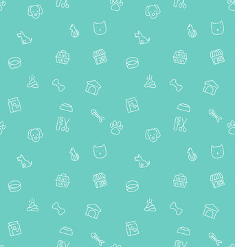 Seamless Pattern And Background With Thin Line Icons Related To Pets And Animals For Pet Shop Websites And Prints. Vector Illustration.