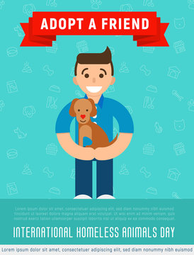 Happy Man Is Hugging An Adopted Happy Dog. Flat Style. Vector Illustration For Pet Adoption Poster.