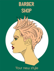 A poster for a women's hairdresser. Barbershop. Your new style. A woman with pale pink hair in profile eps 10 illustration