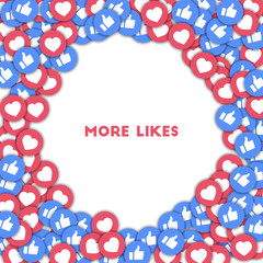 More likes. Social media icons in abstract shape background with scattered thumbs up and hearts. More likes concept in beauteous vector illustration.