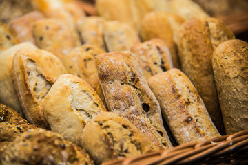 Arrangement with tasty fresh bakery products on table.