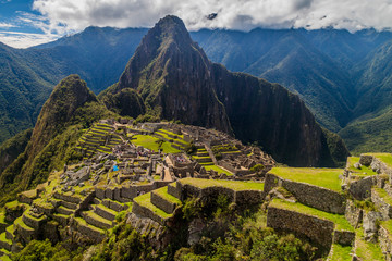 Machu Picchu ruins from above, Wayna Picchu mountain in the background, Peru