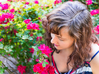 Fototapeta premium Closeup of young woman smelling red or pink roses from bush in garden outside in summer