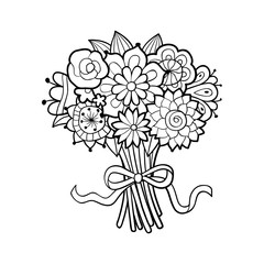 Flower bouquet decorated with bow. Black and white outline vector illustration, isolated on white. Antistress coloring page for adults